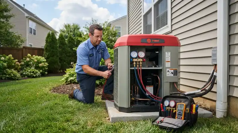 HVAC technician servicing a home air conditioning system in Bowie, MD
